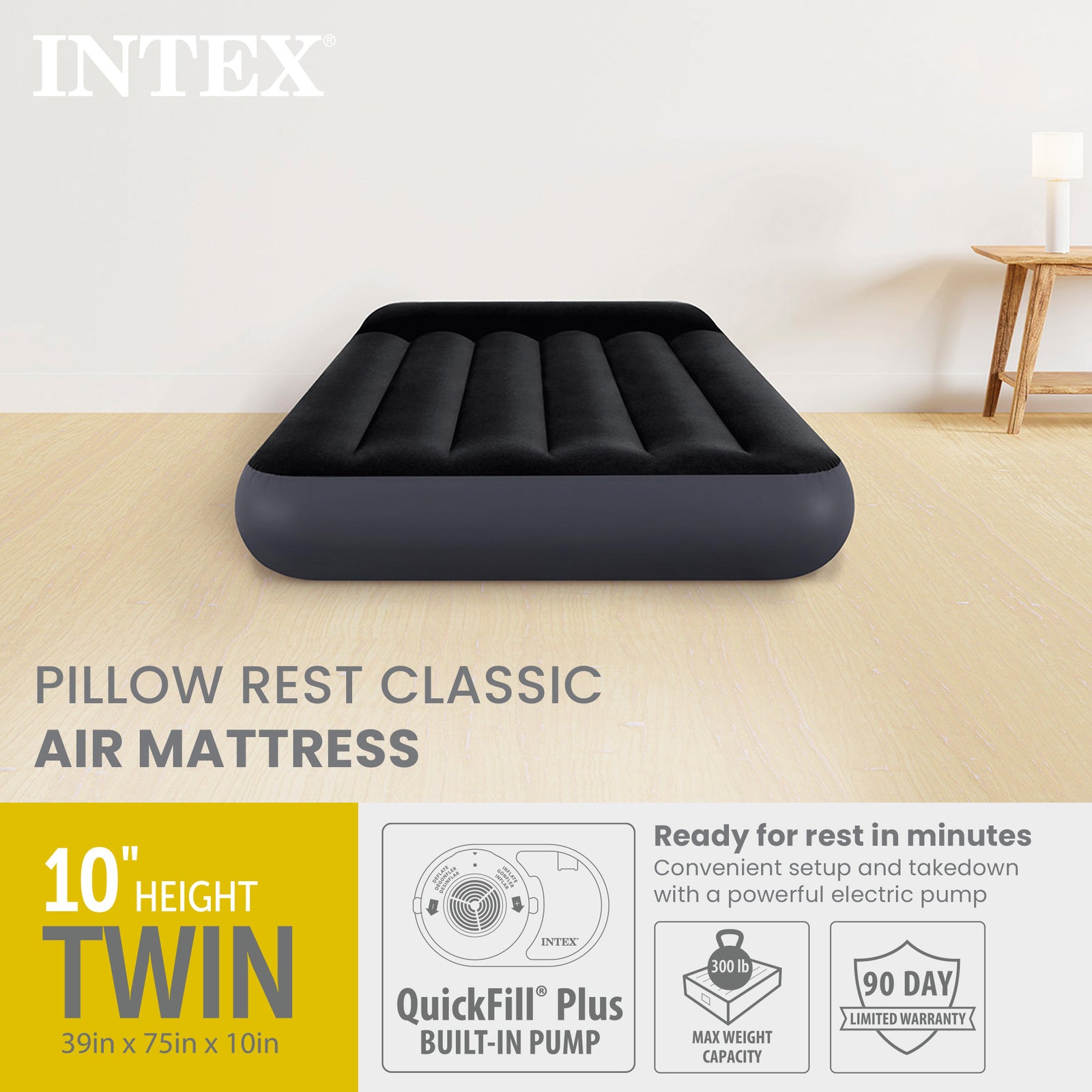 Intex Dura Pillow Rest Classic Blow Up Mattress Air Bed with Built In Pump, Twin - VMInnovations