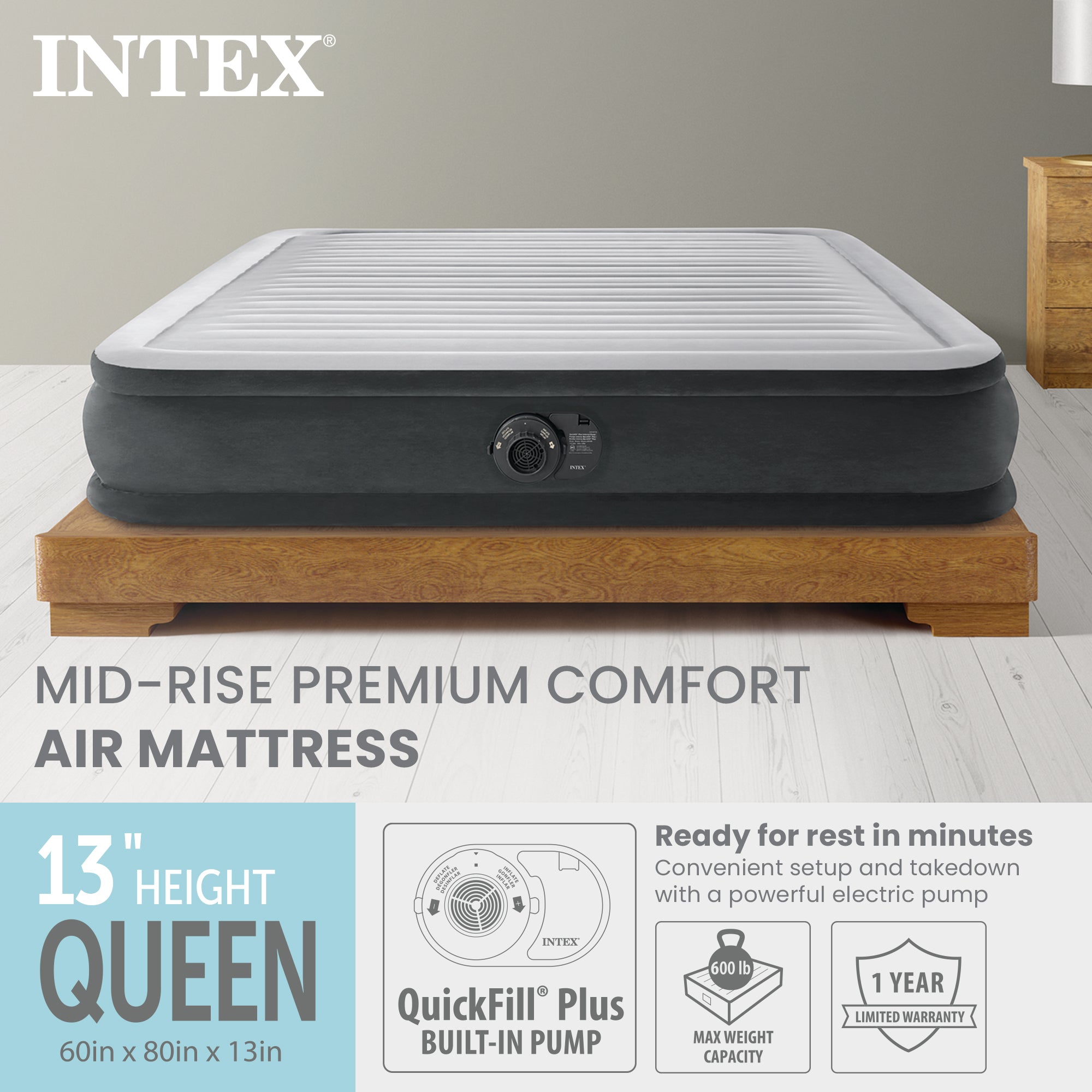 Intex Comfort Dura-Beam Plush Air Mattress Bed with Built-In Pump, Queen (Used)