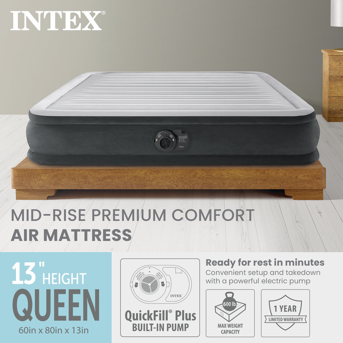 Intex Comfort Deluxe Dura-Beam Air Mattress w/ Built-In Pump, Queen (For Parts)