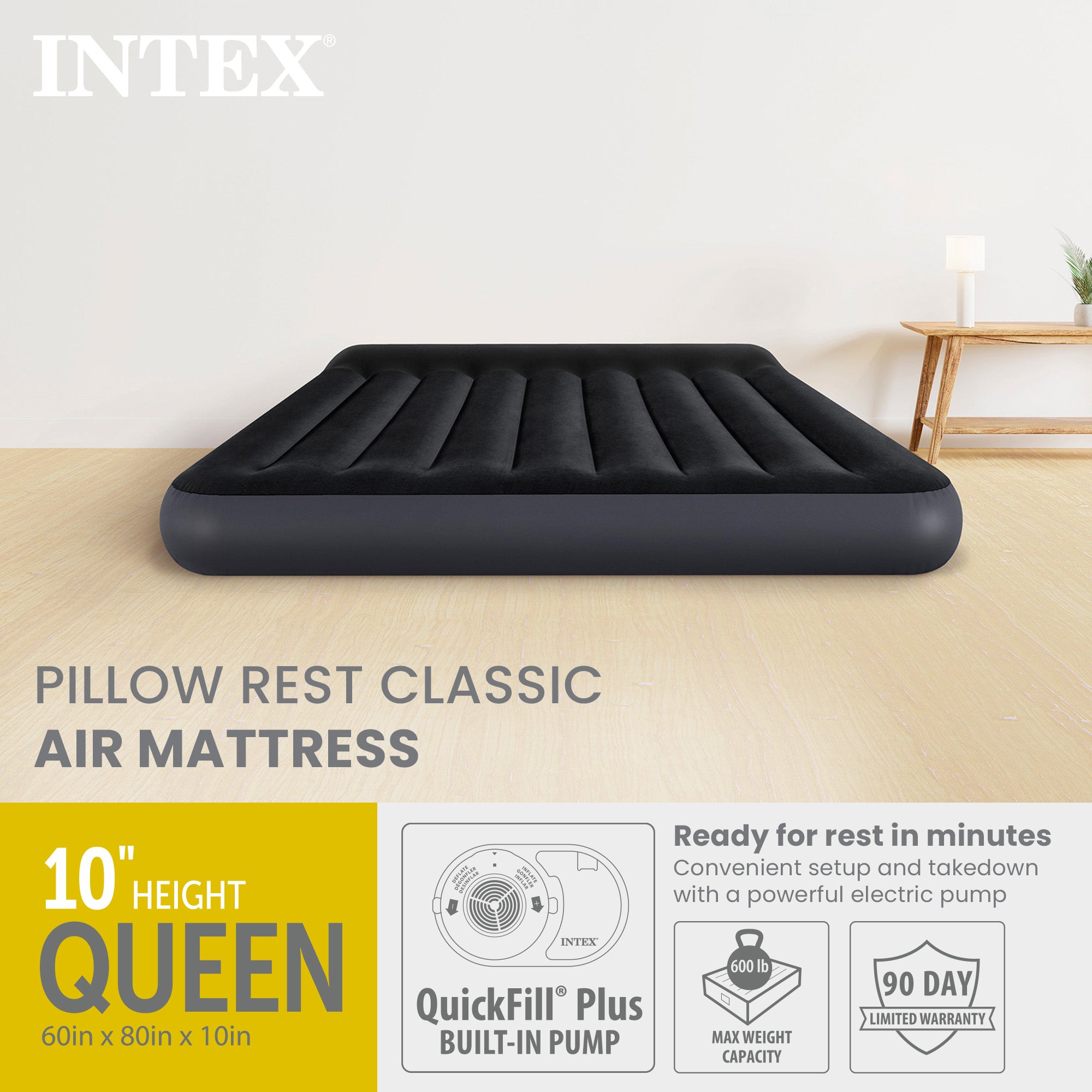Intex Dura Beam Pillow Rest Classic Airbed Mattress with Built-In Pump, Queen - VMInnovations