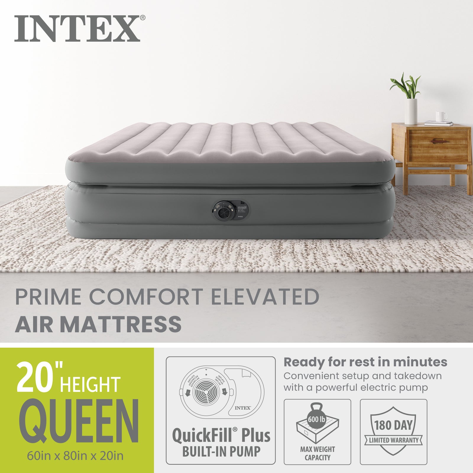 Intex Dura Beam Plus Fiber-Tech Elevated Air Mattress with Built-In Pump, Queen - VMInnovations