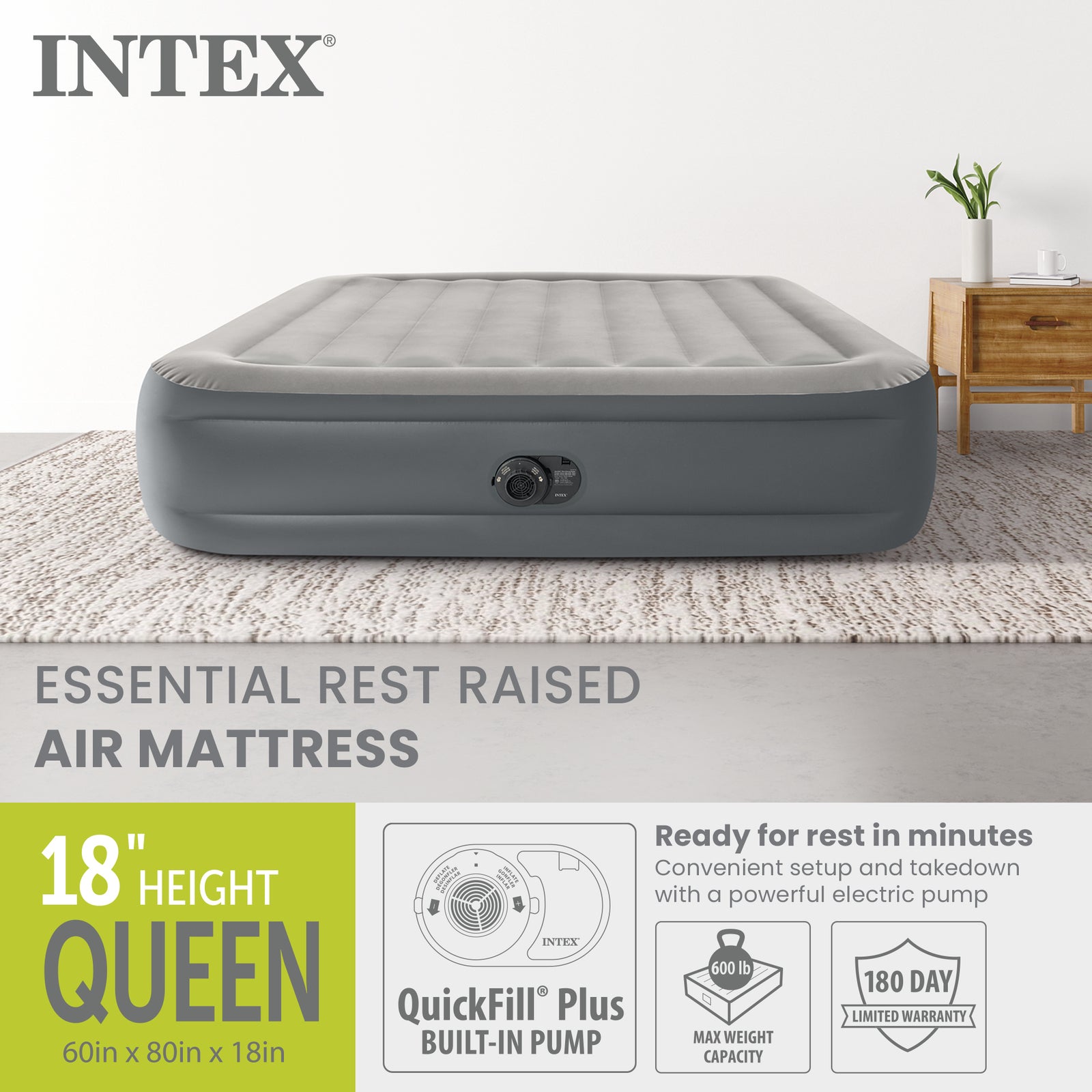 Intex Dura Beam Essential Rest Blow Up Queen Mattress Air Bed with Built In Pump - VMInnovations