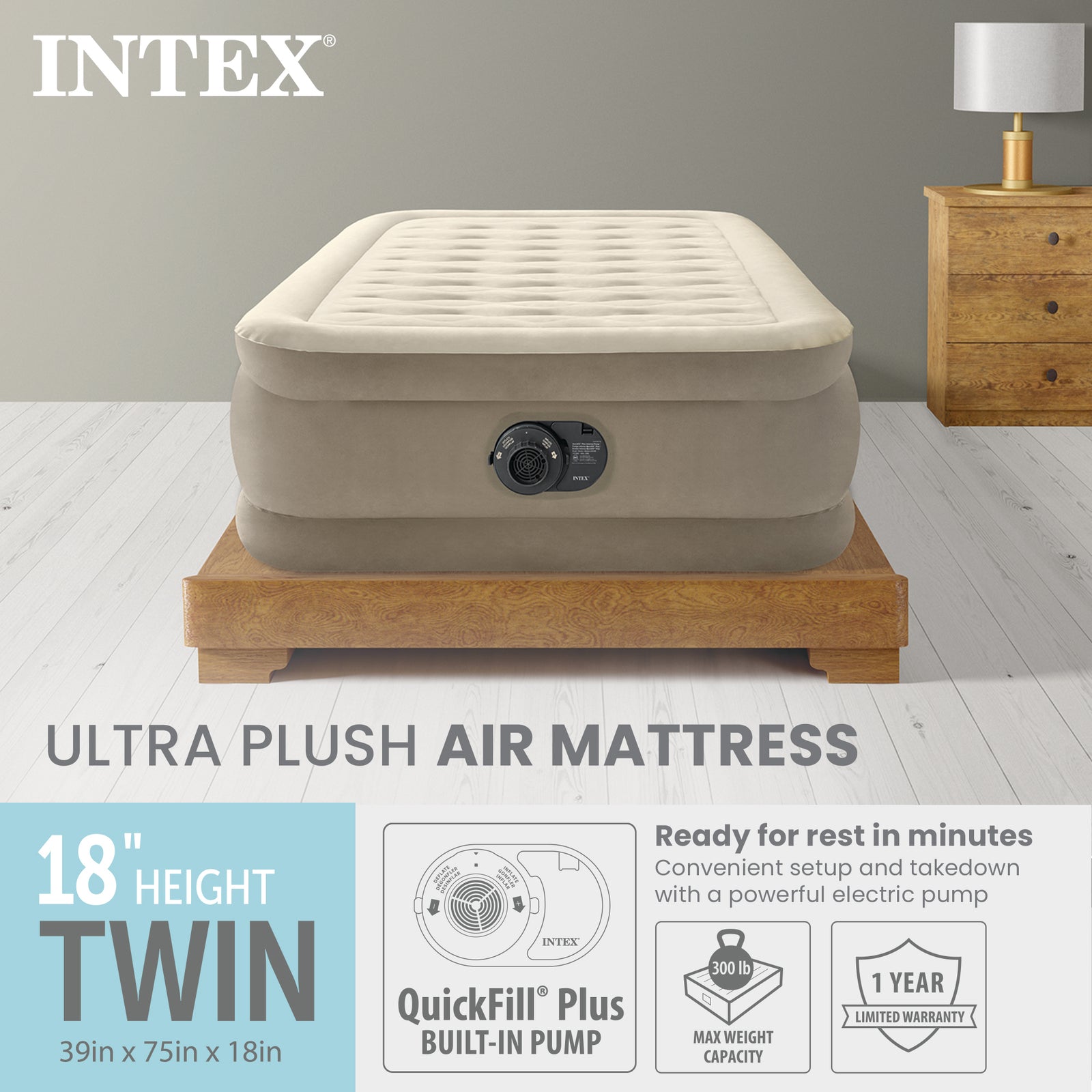 Intex Ultra Plush Fiber Tech Airbed Mattress with Built in Pump, Twin (Open Box) - VMInnovations