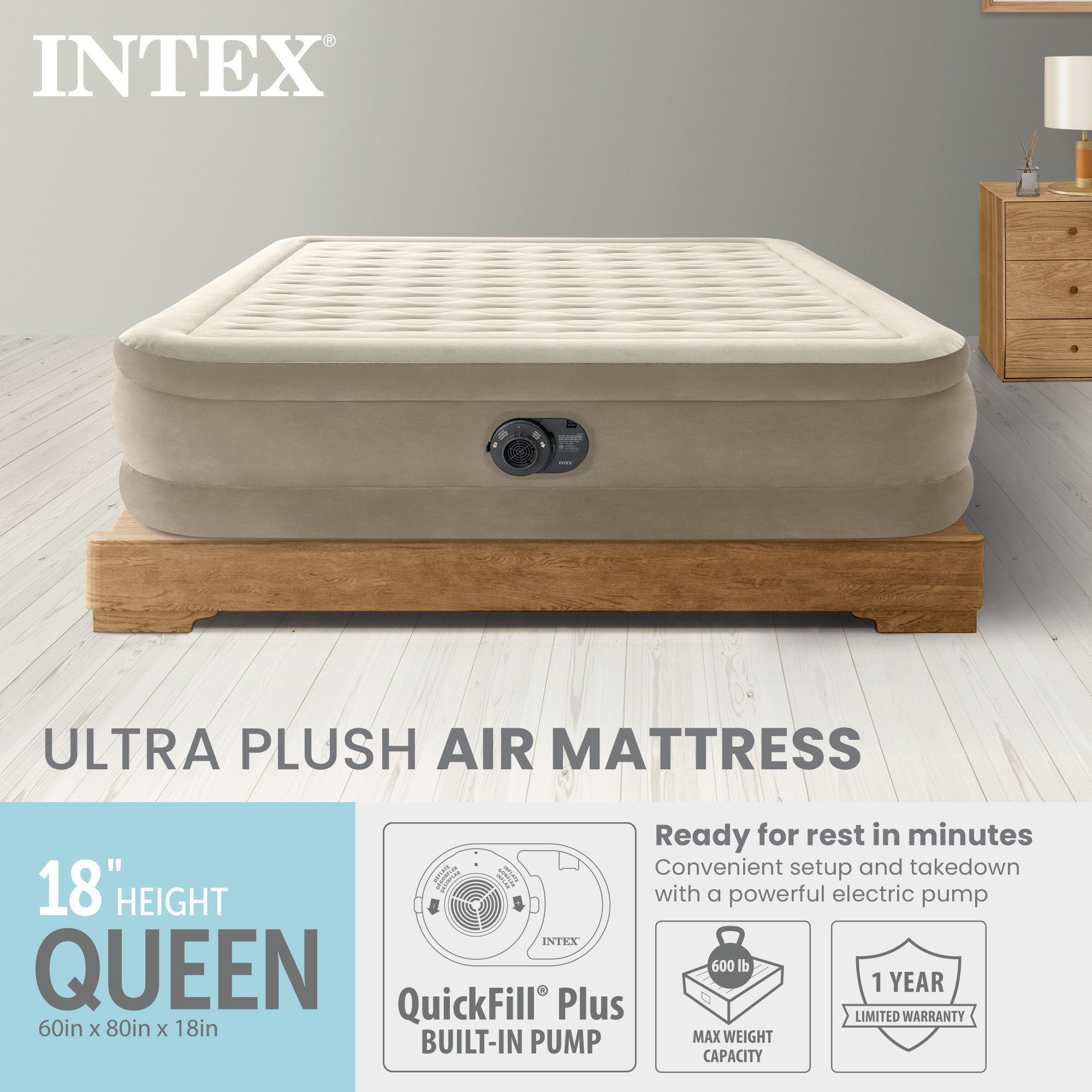 Intex Dura-Beam Deluxe Ultra Plush Air Mattress w/Built-in Pump, Queen(Open Box)