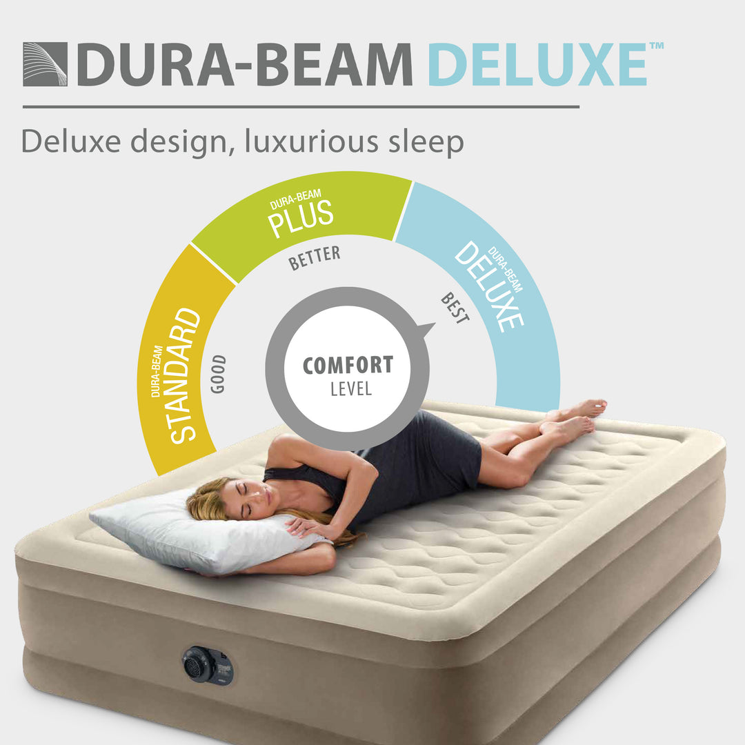 Intex 64427ED Dura-Beam Deluxe Ultra Plush Air Mattress w/Built-in Pump, Queen - VMInnovations