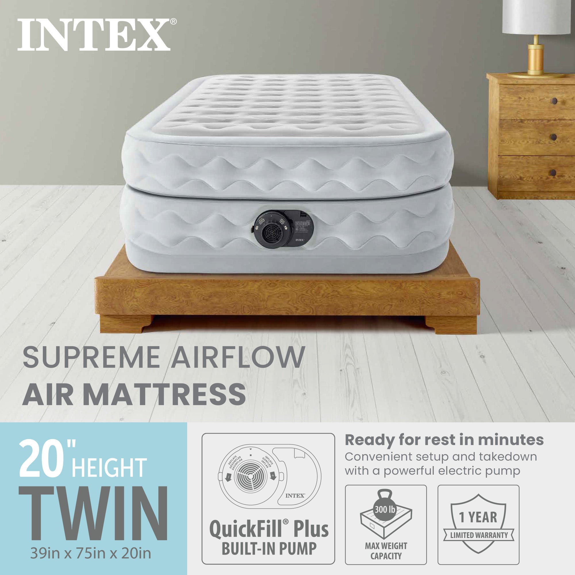 Intex Supreme Air Flow Airbed, Raised Air Mattress with Internal Air Pump, Twin