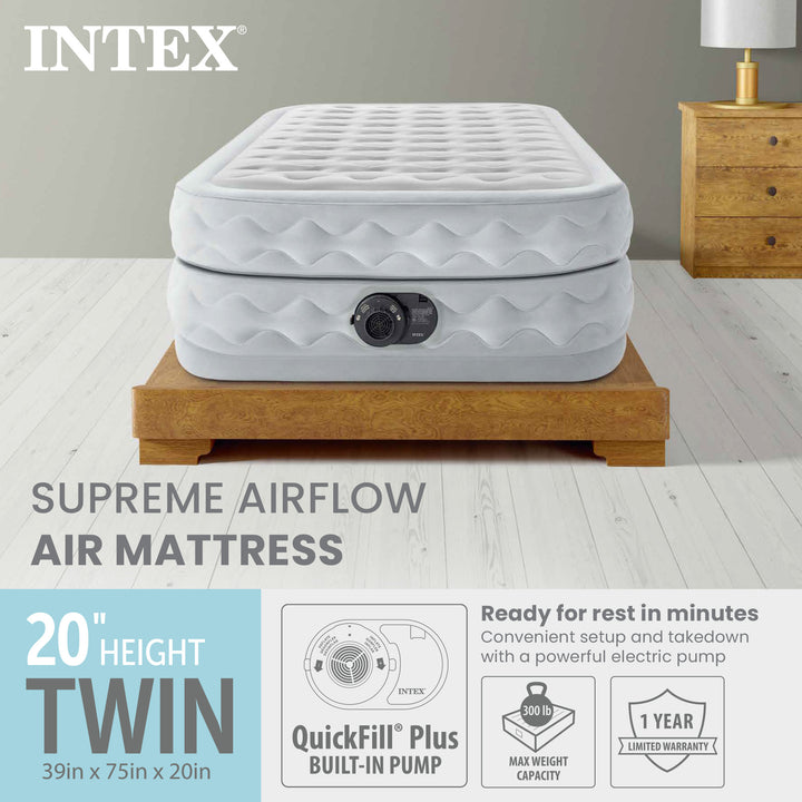 Intex Supreme Air Flow Fiber Tech Air Mattress w/ Built in Pump, Twin (Open Box) - VMInnovations