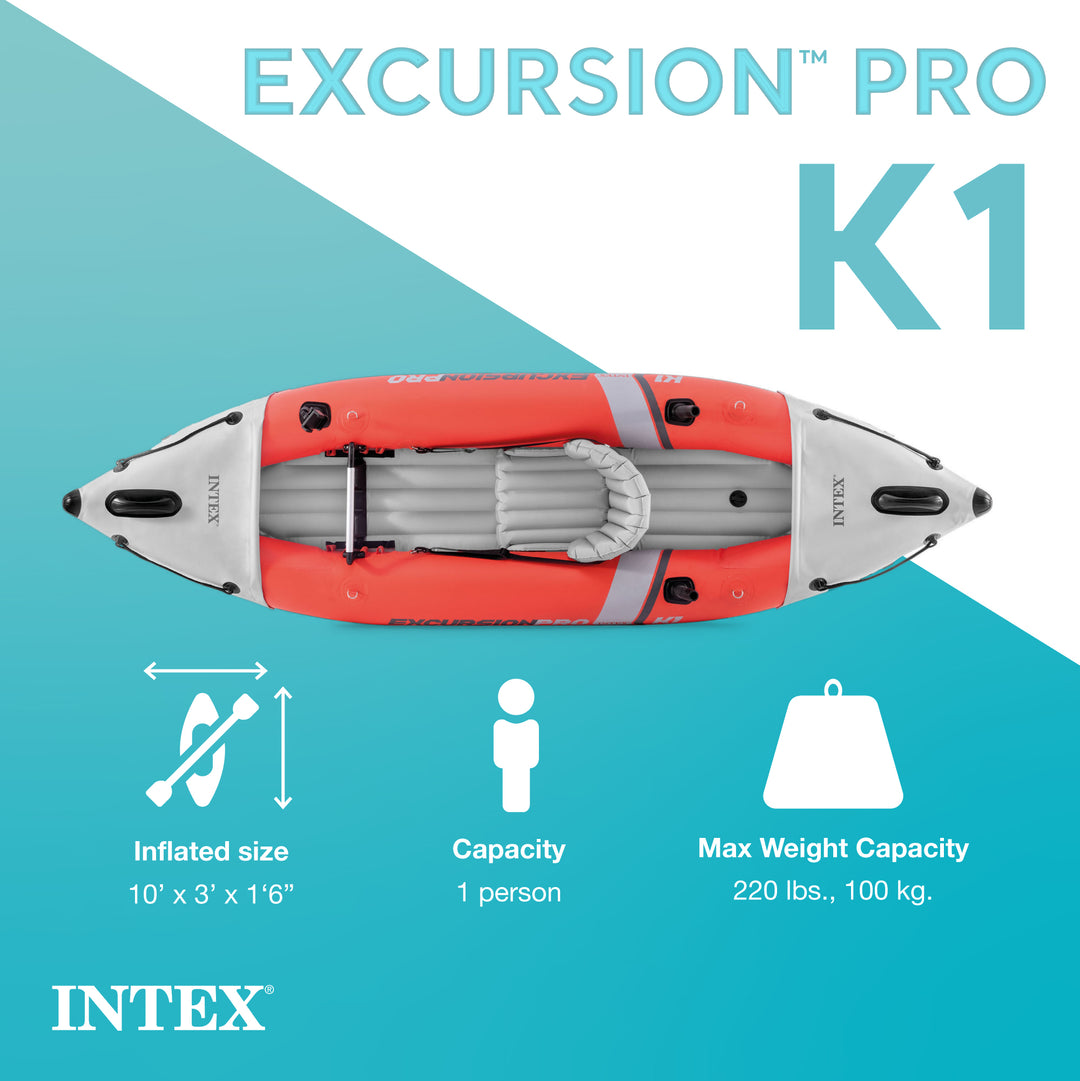 Intex Excursion Pro K1 Single Person Inflatable Vinyl Fishing Kayak w/ Oar/Pump