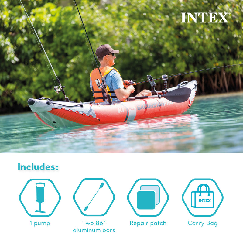 Intex Excursion Pro K1 Single Person Inflatable Vinyl Fishing Kayak w/ Oar/Pump