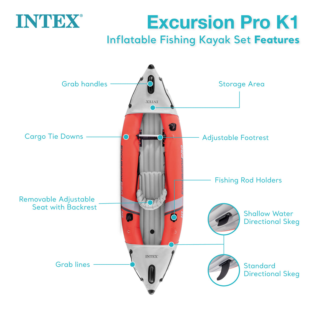 Intex Excursion Pro K1 Single Person Inflatable Vinyl Fishing Kayak w/ Oar/Pump