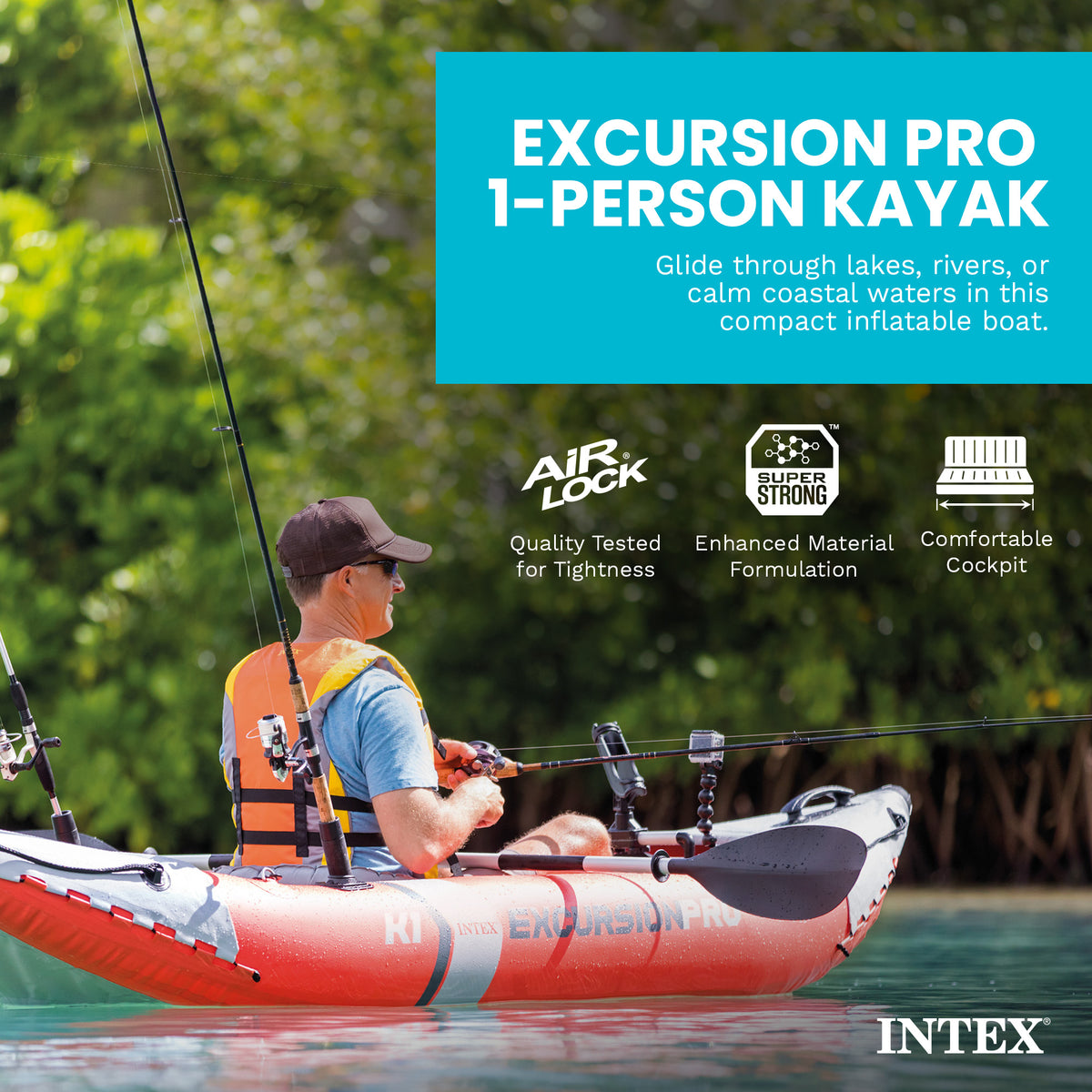 Intex Excursion Pro K1 Single Person Inflatable Vinyl Fishing Kayak w/ Oar/Pump