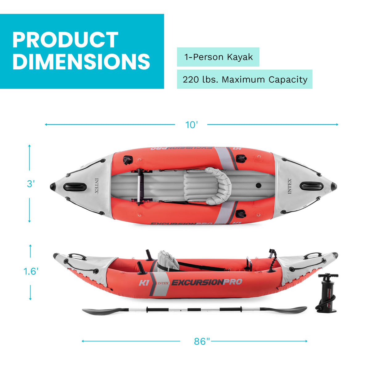 Intex Excursion Pro K1 Single Person Inflatable Vinyl Fishing Kayak w/ Oar/Pump