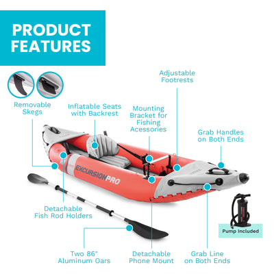 Intex Excursion Pro K1 Single Person Inflatable Vinyl Fishing Kayak w/ Oar/Pump