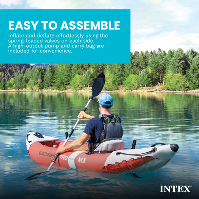 Intex Excursion Pro K1 Single Person Inflatable Vinyl Fishing Kayak w/ Oar/Pump