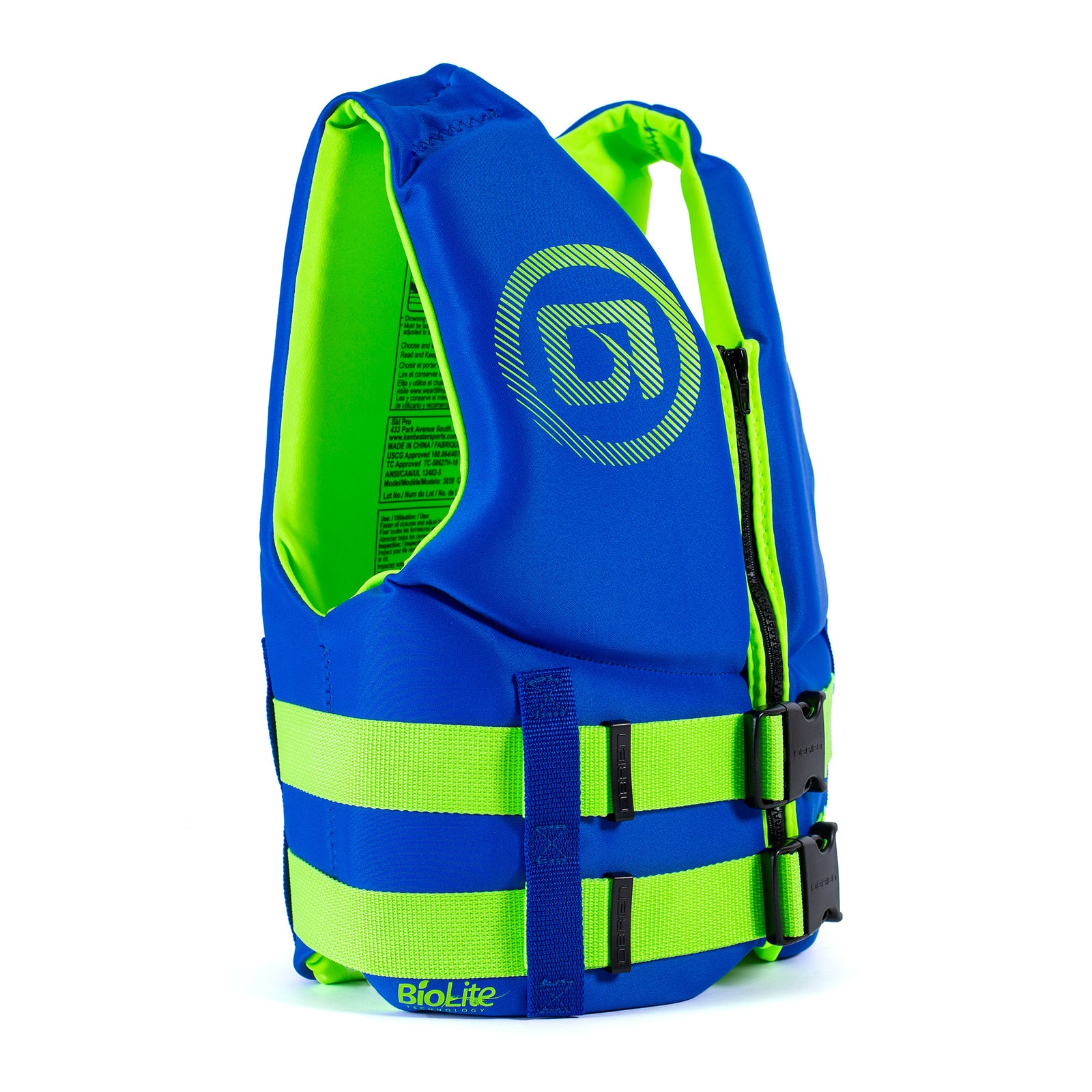 O'Brien BioLite Traditional Youth USCG Safety Vest Life Jacket, Blue/Lime Green - VMInnovations