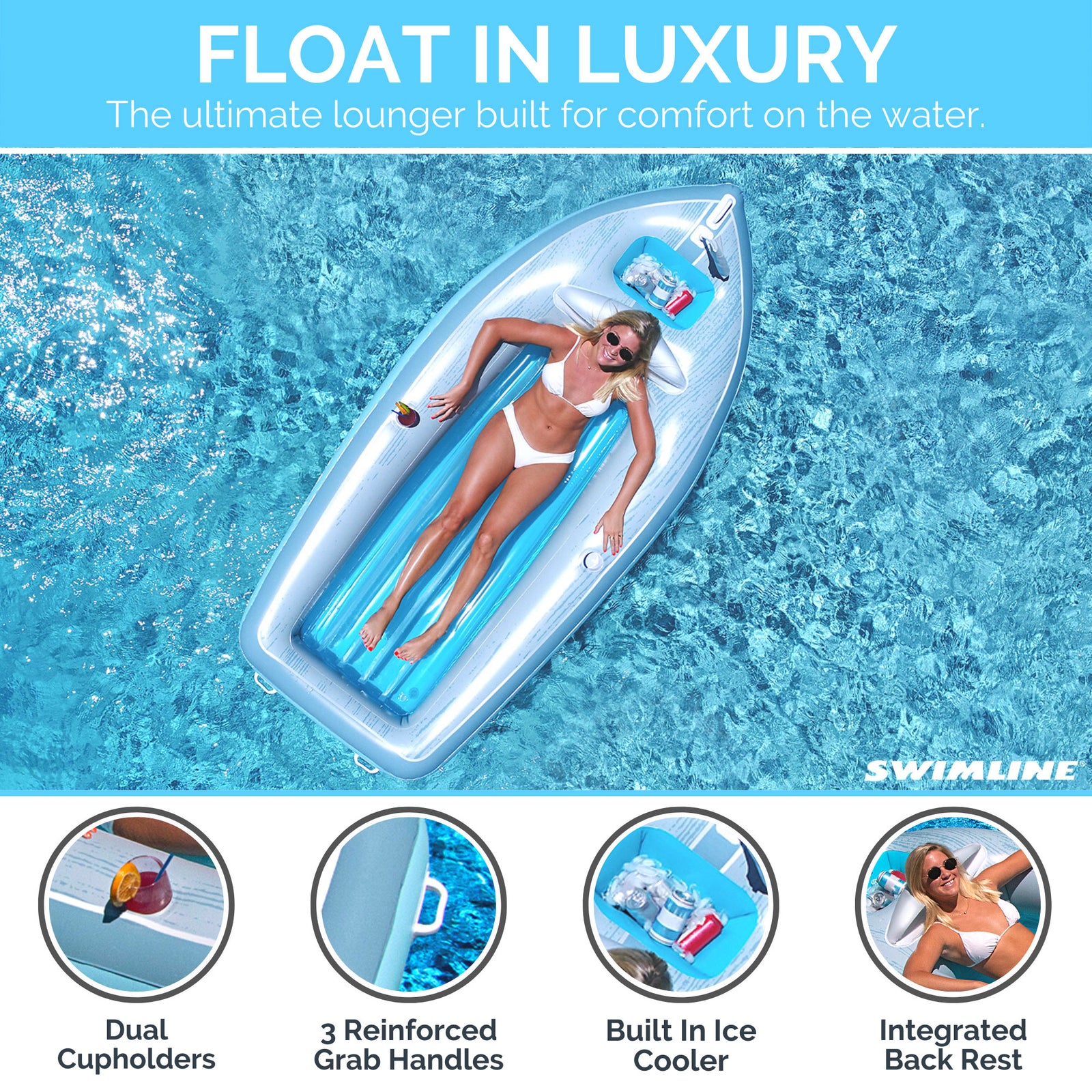 Swimline 90135 Classic Inflatable Cruiser Boat Pool Float with 2 Cup Holders - VMInnovations