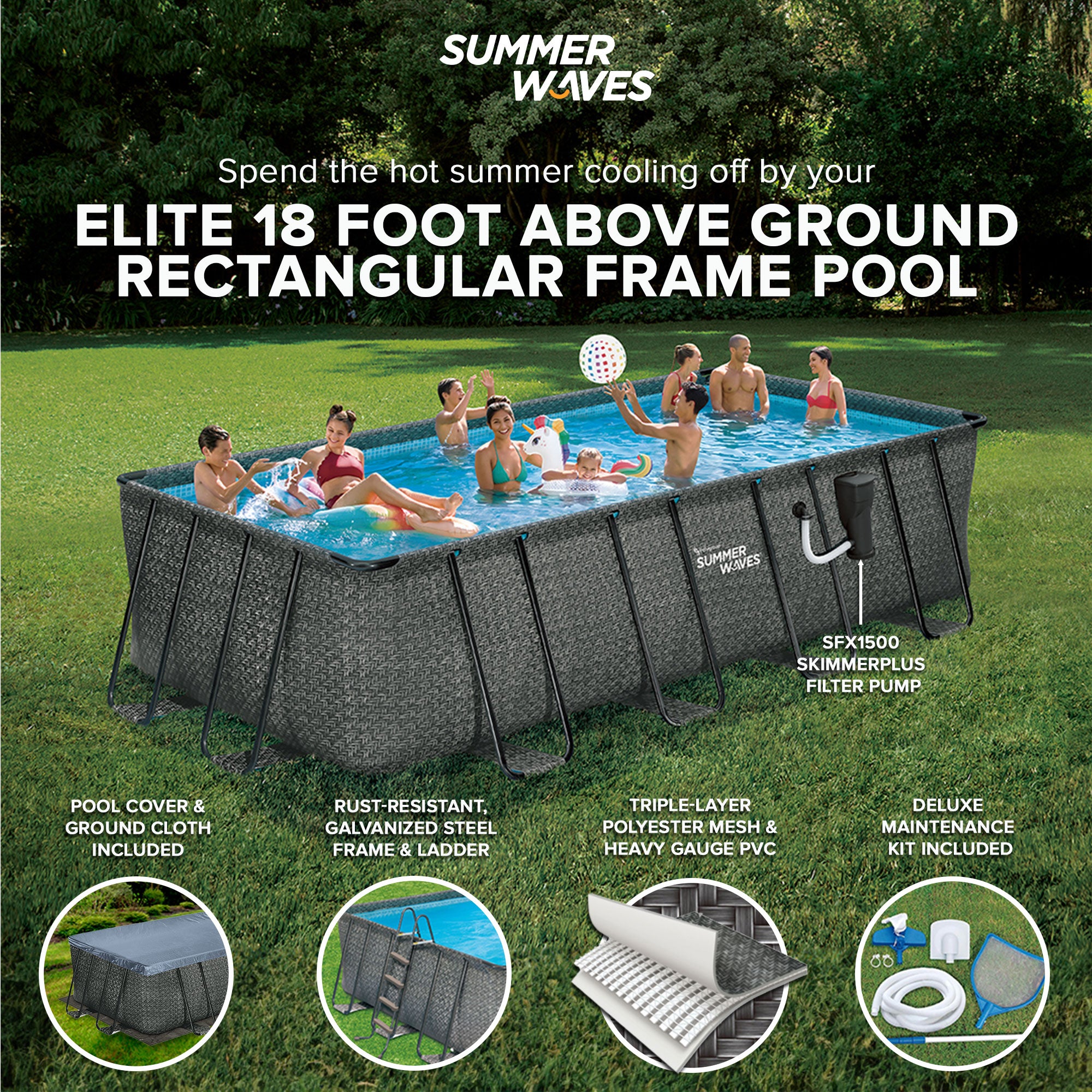Summer Waves 18ft x 9ft x 52in Above Ground Rectangle Frame Swimming Pool Set