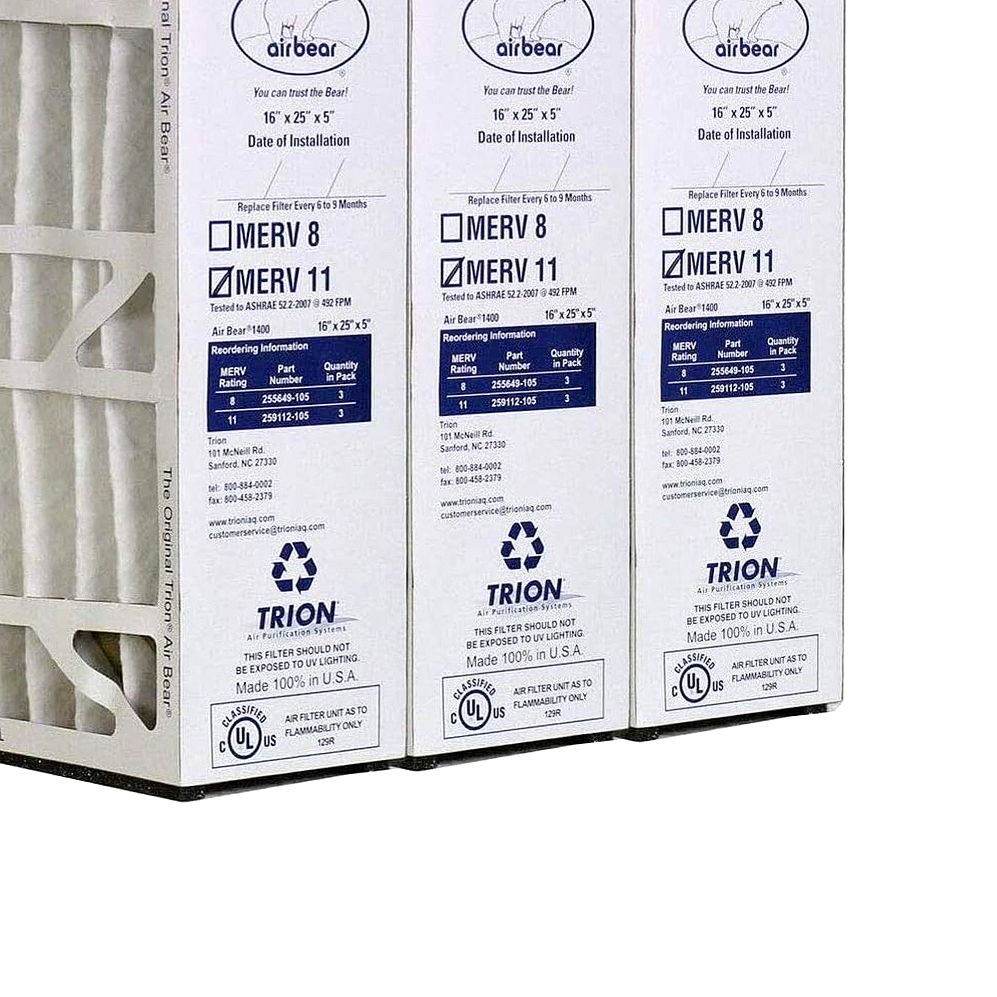 Trion Air Bear 16 x 25 x 5 Inch MERV 11 Air Purifier Filter (3 Pack) (Open Box) - VMInnovations