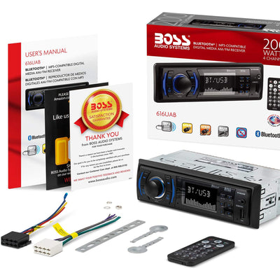 Boss 616UAB Single Din Car Stereo Receiver Bundle with KIT2 Amplifier Wiring Kit - VMInnovations