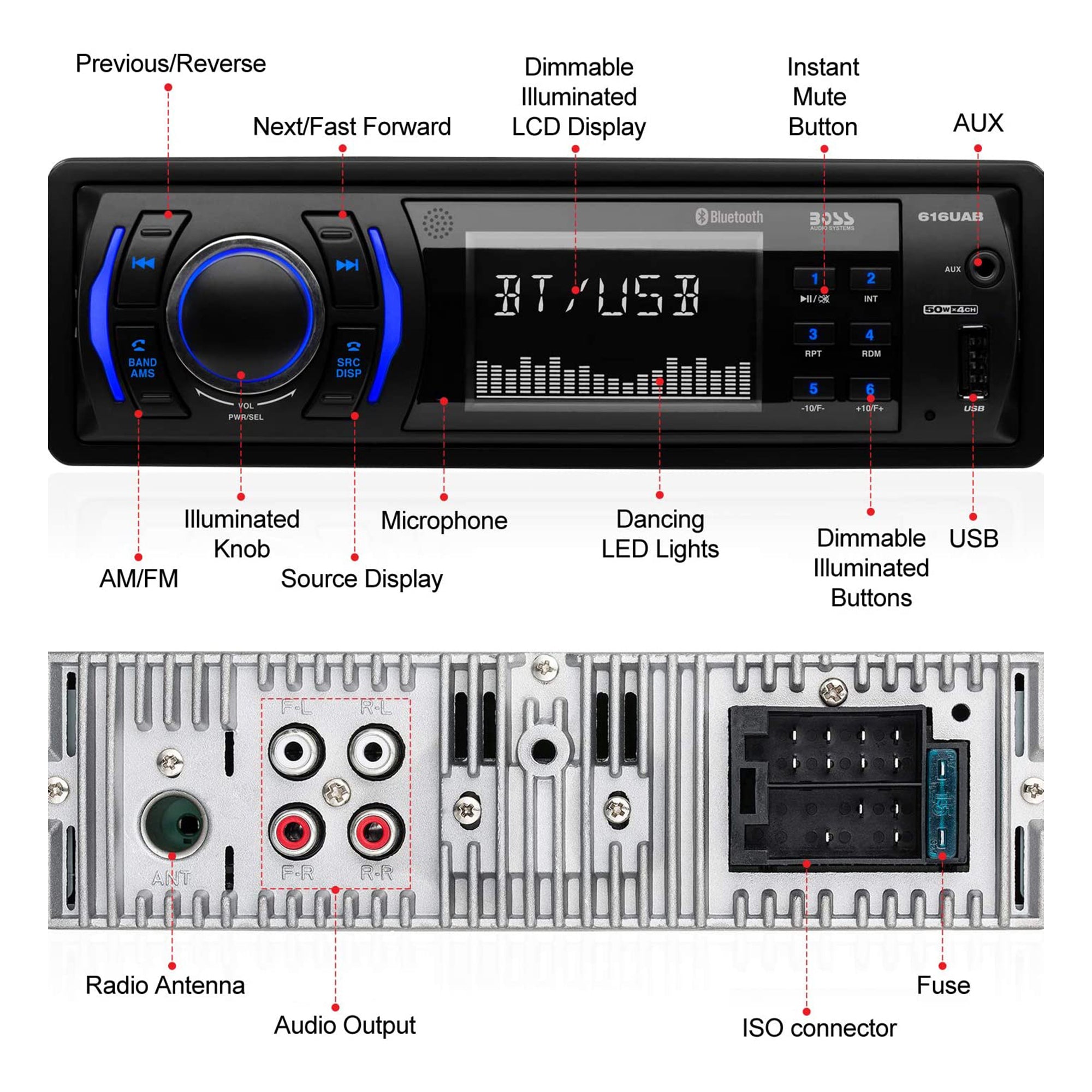 Boss 616UAB Single Din Car Stereo Receiver Bundle with KIT2 Amplifier Wiring Kit - VMInnovations