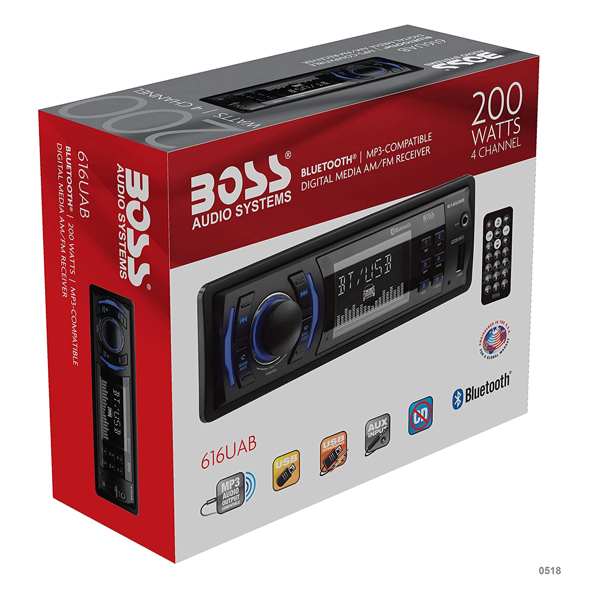 Boss 616UAB Single Din Car Stereo Receiver Bundle with KIT2 Amplifier Wiring Kit - VMInnovations