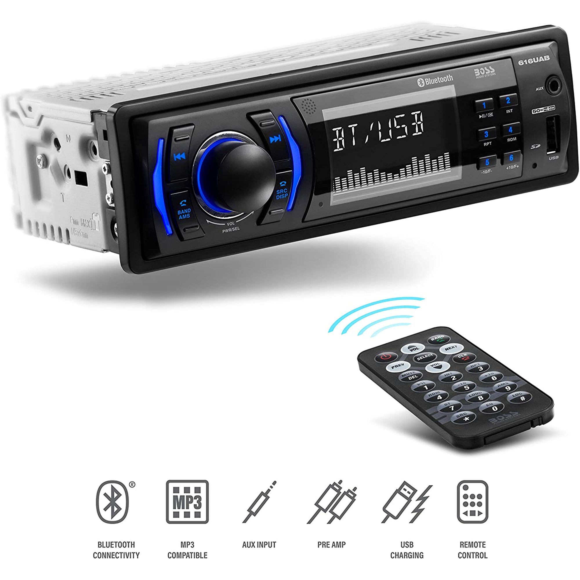 Boss 616UAB Single Din Car Stereo Receiver Bundle with KIT2 Amplifier Wiring Kit - VMInnovations