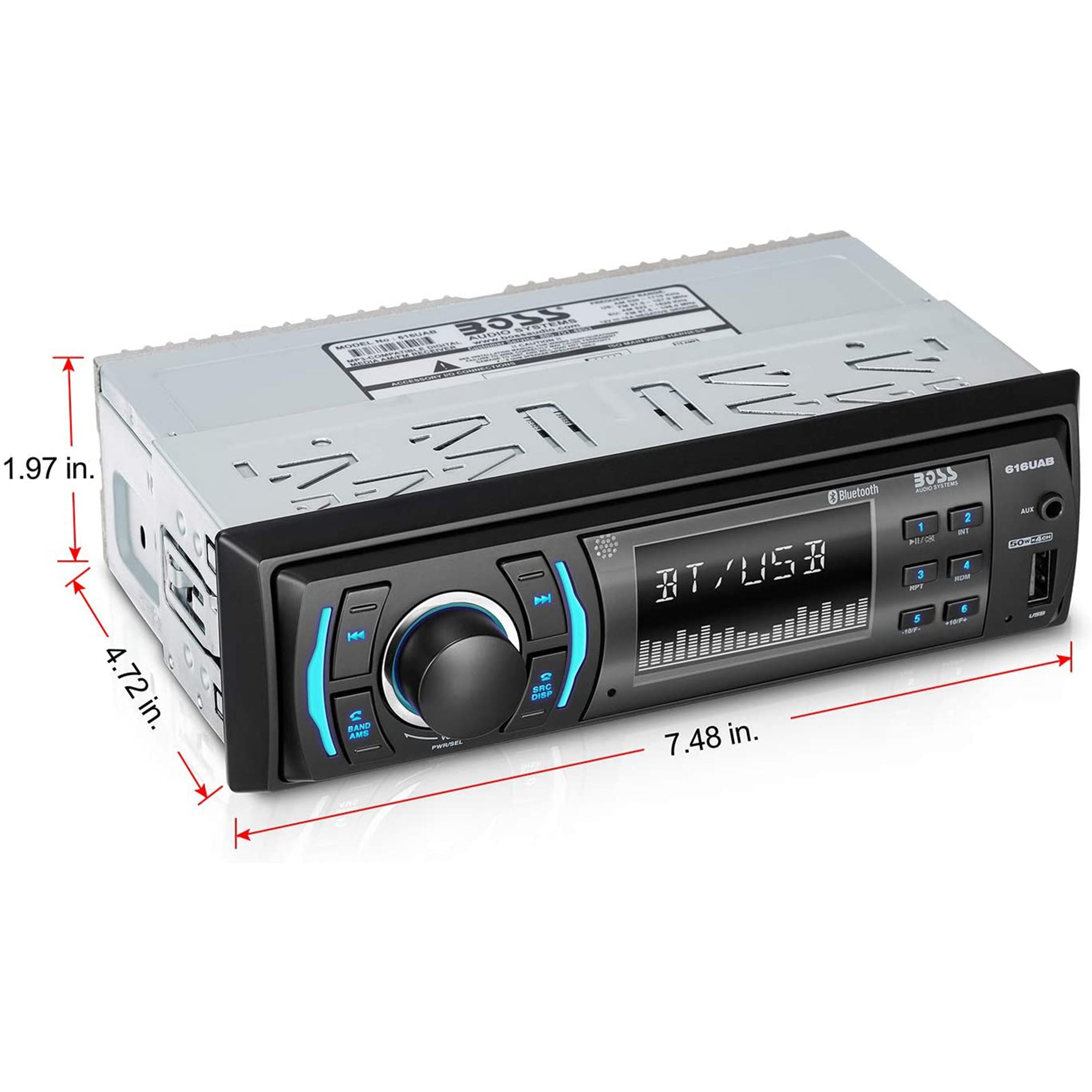 Boss 616UAB Single Din Car Stereo Receiver Bundle with KIT2 Amplifier Wiring Kit - VMInnovations