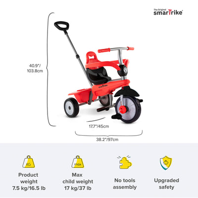 smarTrike Breeze 3 in 1 Adjustable Baby Trike Toddler Tricycle Riding Toy, Red