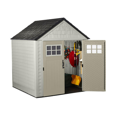 Rubbermaid 7x7 Feet Resin Outdoor Storage Shed + 34 Inch Tool & Sports Shed Rack