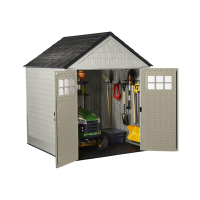 Rubbermaid 7x7 Feet Resin Outdoor Storage Shed + 34 Inch Tool & Sports Shed Rack