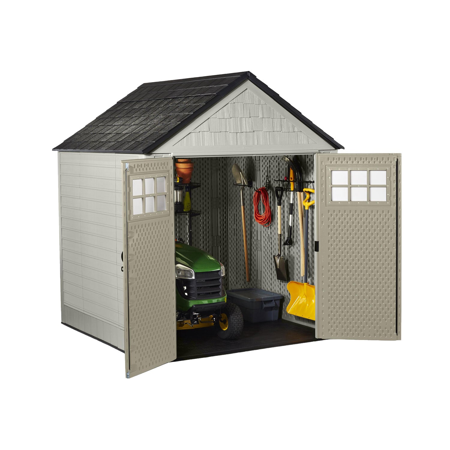 Rubbermaid 7x7 Feet Resin Outdoor Storage Shed + 34 Inch Tool & Sports Shed Rack