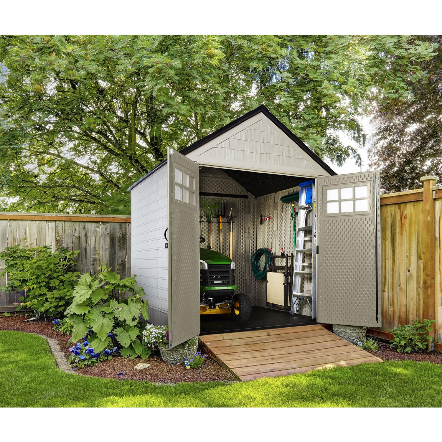 Rubbermaid 7x7 Feet Resin Outdoor Storage Shed + 34 Inch Tool & Sports Shed Rack