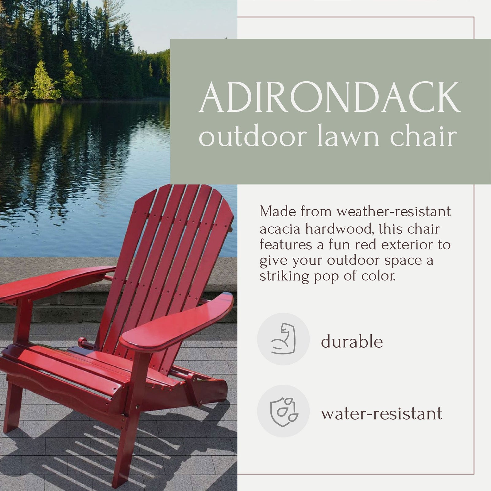 Northbeam Portable Foldable Wooden Adirondack Deck Lounge Chair, Red (Open Box) - VMInnovations