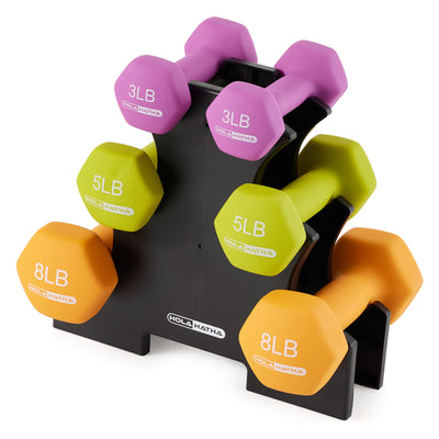 HolaHatha Dumbbell Weight Set w/ 3, 5 and 8 Pound Hand Weights and Rack (Used)