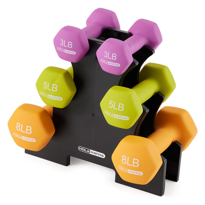 HolaHatha 3, 5 and 8 Pound Neoprene Dumbbell Strength Training Weights Set Rack