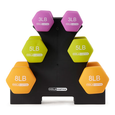 HolaHatha Dumbbell Weight Set w/ 3, 5 and 8 Pound Hand Weights and Rack (Used) - VMInnovations