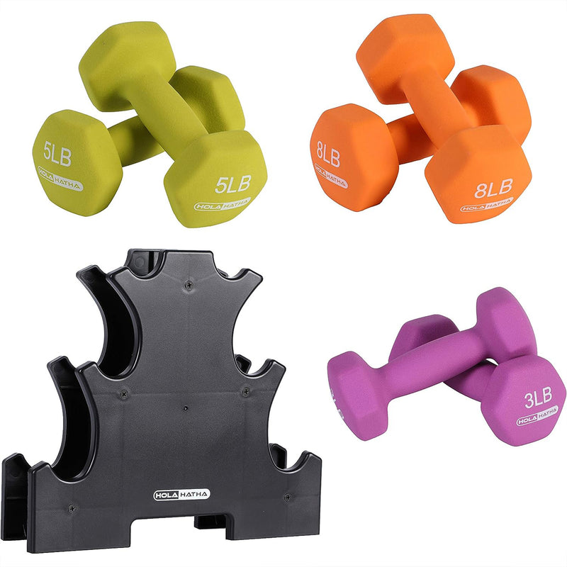 HolaHatha Dumbbell Weight Set w/ 3, 5 and 8 Pound Hand Weights and Rack (Used)