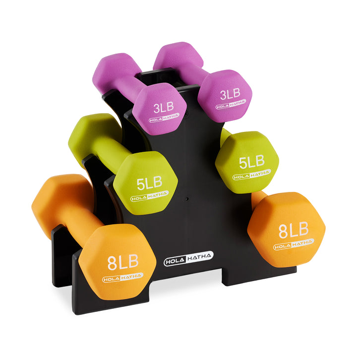 HolaHatha 3, 5 and 8 Pound Neoprene Dumbbell Strength Training Weights Set Rack