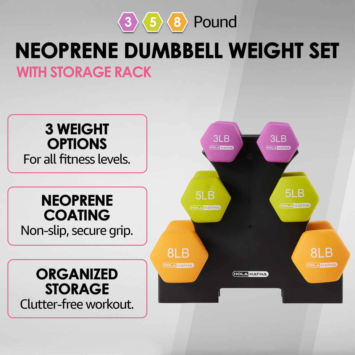 HolaHatha 3, 5 and 8 Pound Neoprene Dumbbell Strength Training Weights Set Rack