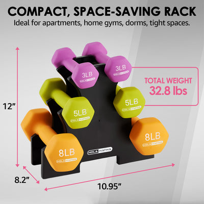 HolaHatha Dumbbell Weight Set w/ 3, 5 and 8 Pound Hand Weights and Rack (Used)