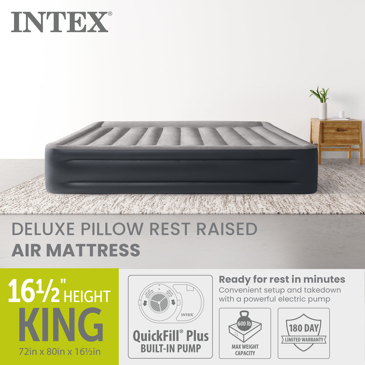 Intex Dura Beam Plus Deluxe Blow Up Air Mattress Bed with Built In Pump, King