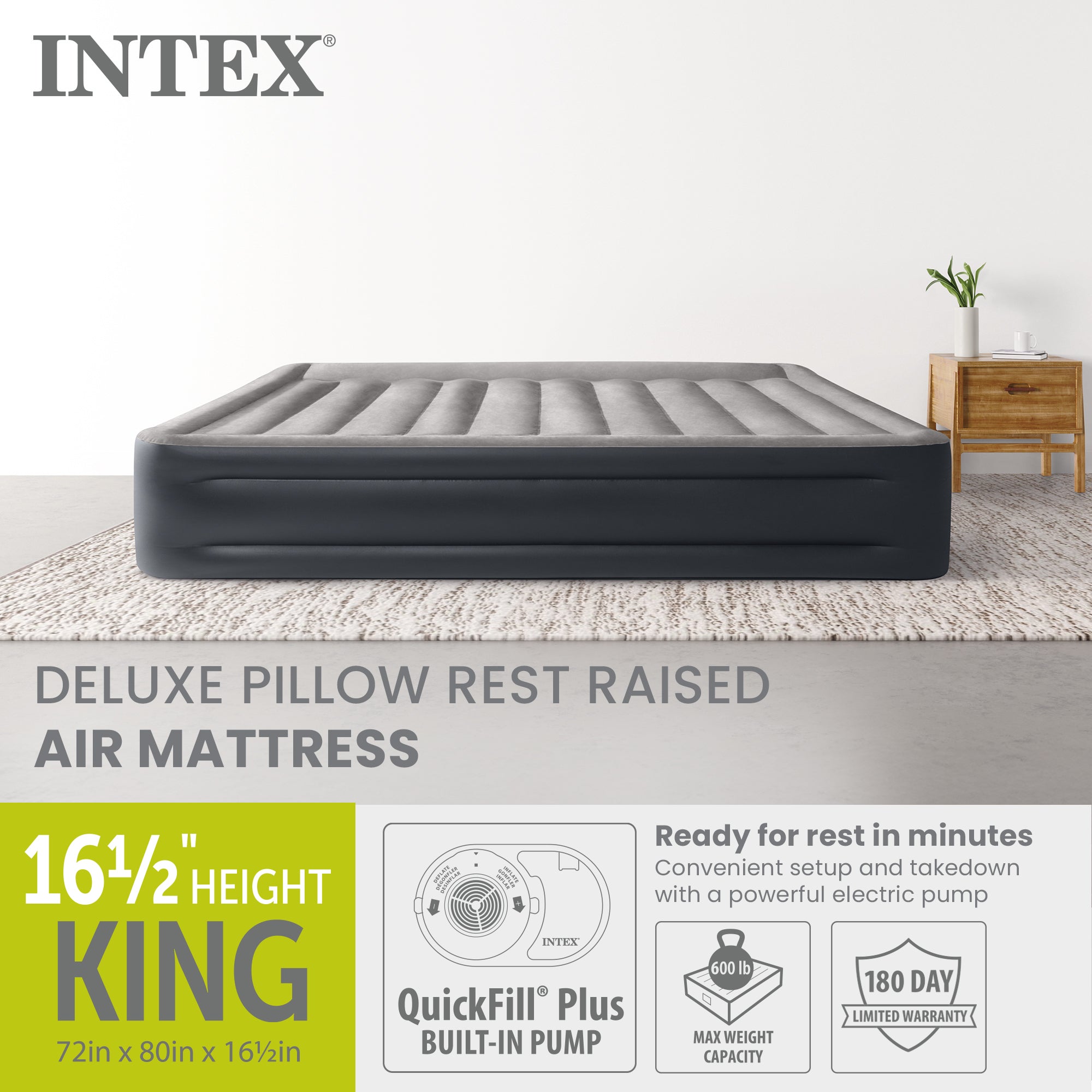 Intex Dura Beam Plus Deluxe Blow Up Air Mattress Bed with Built In Pump, King