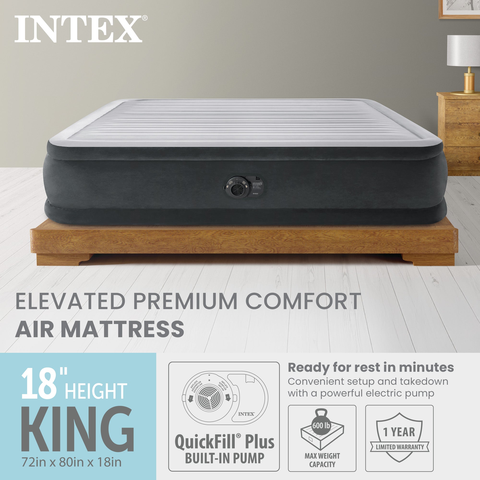 Intex 18" Inflatable Elevated Premium Comfort Airbed with Built-In Pump, King