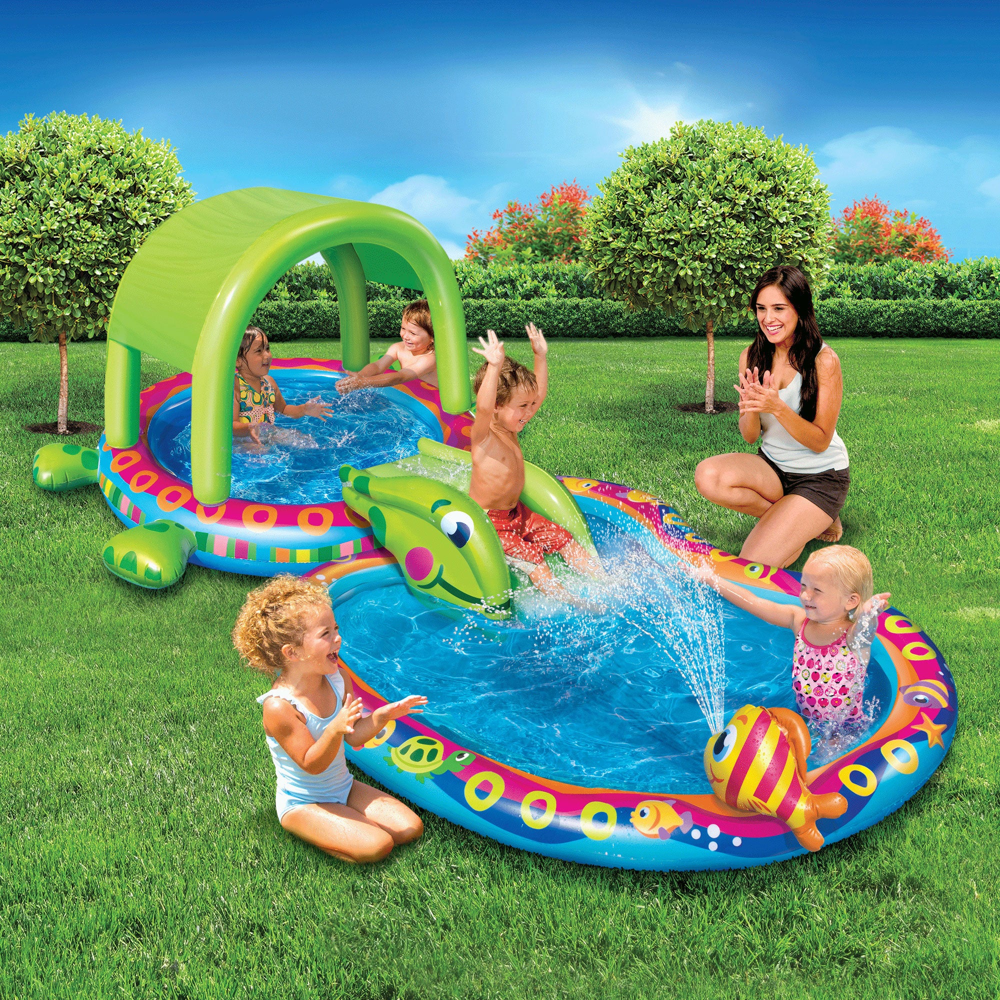 Banzai Shade N Slide Turtle Inflatable Outdoor Kiddie Splash Pool with Sprinkler - VMInnovations