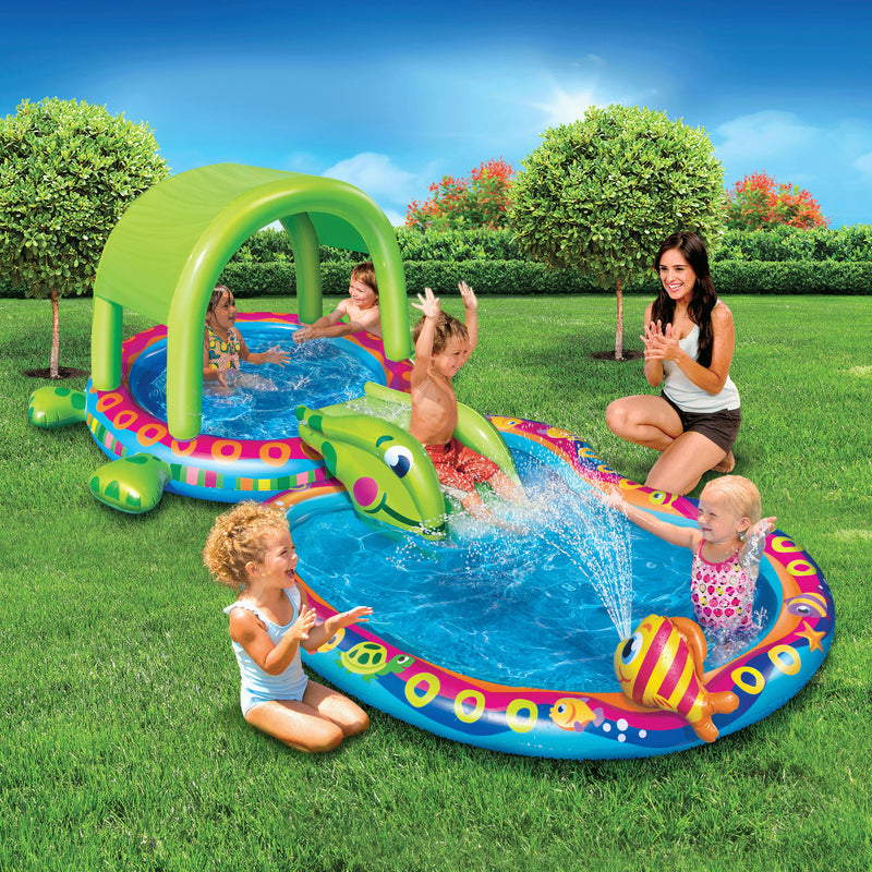 Banzai Shade N Slide Turtle Inflatable Outdoor Kiddie Splash Pool with Sprinkler