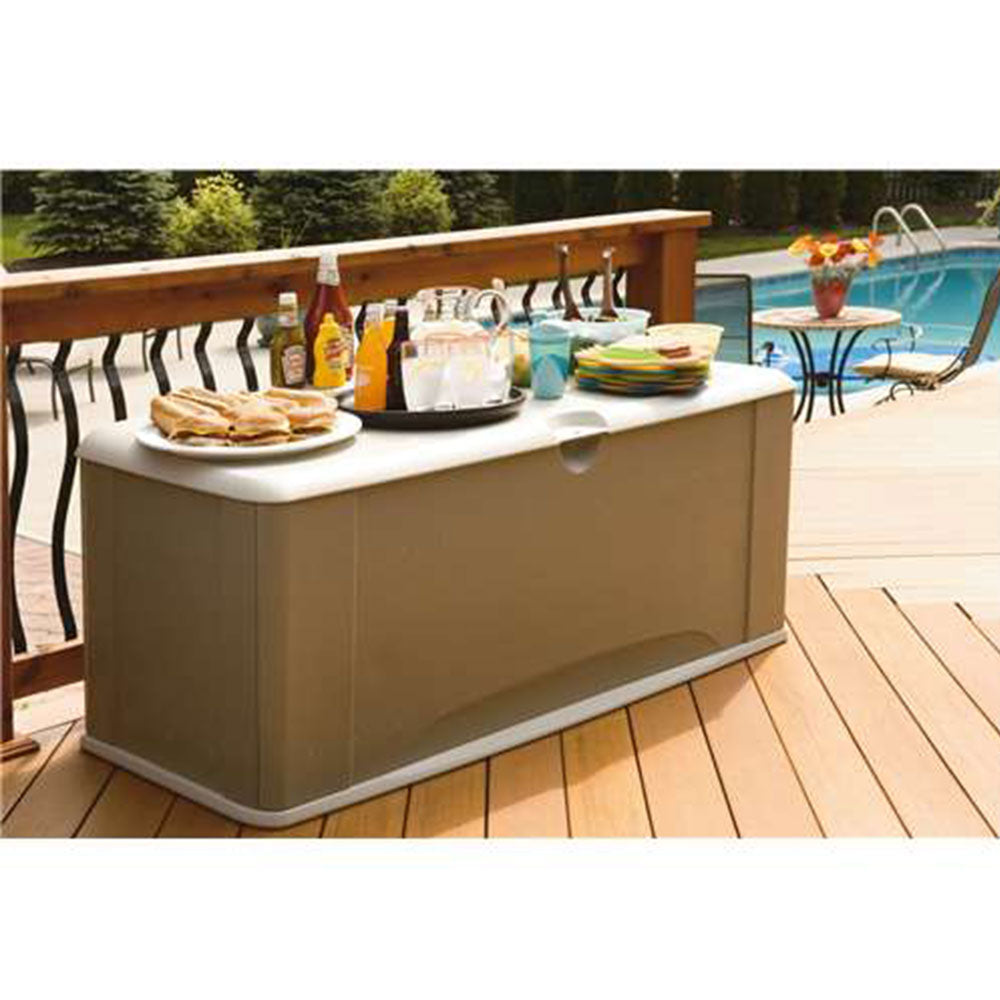 Rubbermaid 2047052 121 Gallon Plastic Horizontal Outdoor Deck Box Bench, Olive