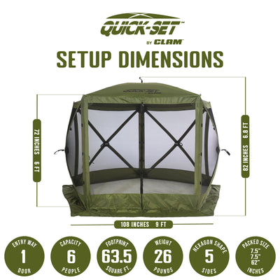 CLAM Quick-Set Venture 9 x 9 Foot Portable Outdoor Camping Canopy Shelter, Green
