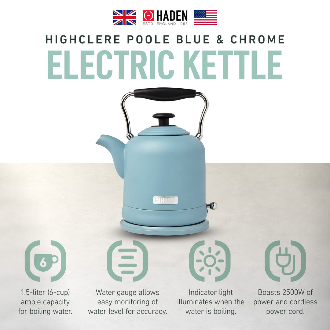 Haden Highclere 1.5 Liter Vintage Cordless Electric Tea Pot Kettle, Blue (Used)