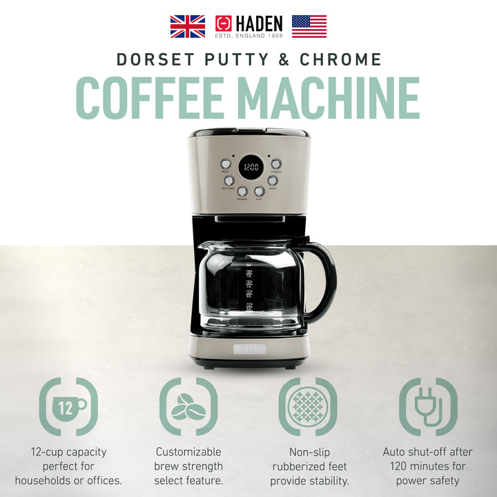 Haden Coffee Machine, 12 Cup Programmable Drip Coffee Maker, Putty & Chrome