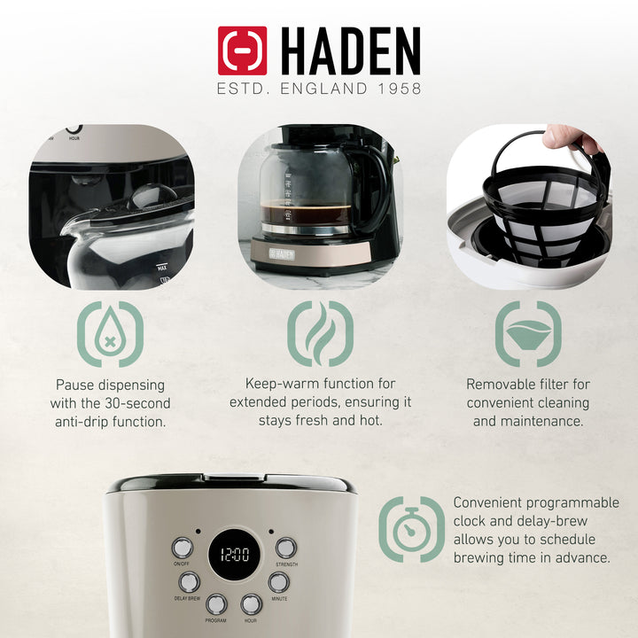 Haden Coffee Machine, 12 Cup Programmable Drip Coffee Maker, Putty & Chrome